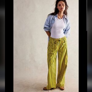 Free People Hudson Canyon Green Yellow Stripe Casual Wide Pants L